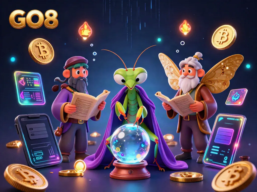 Engage with GO8's dynamic gaming world, showcasing fortune tellers, glowing crypto symbols, and mystical elements.
