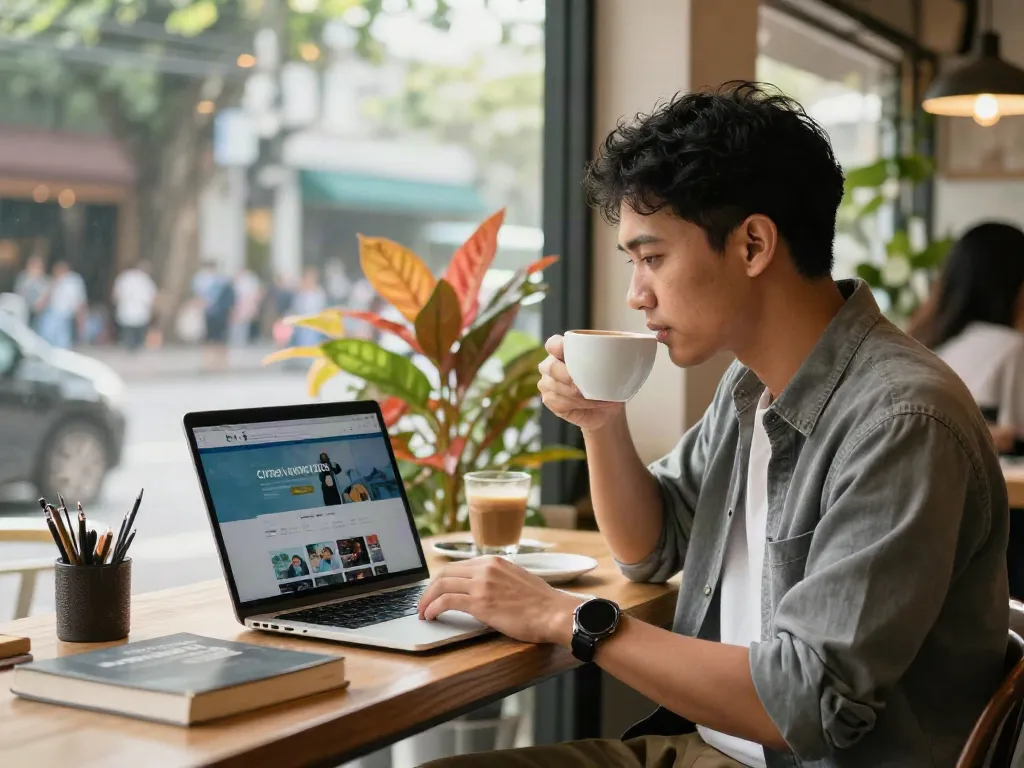 Seorang profesional muda menikmati kopi sambil mengerjakan situs cirebontoto di kafe yang nyaman.