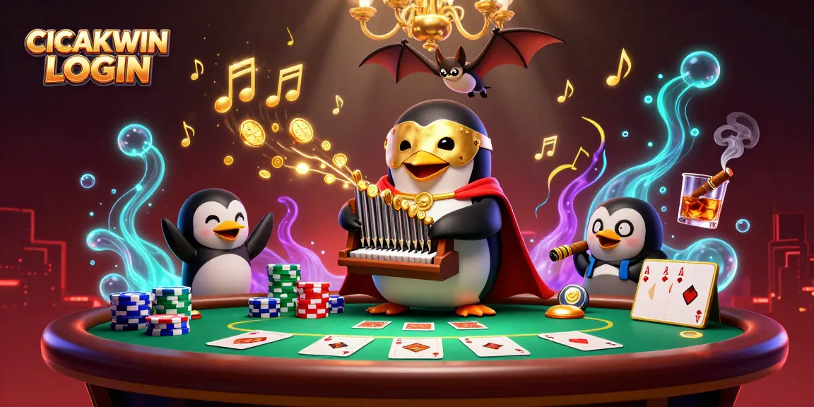 CICAKWIN LOGIN to an immersive gaming experience featuring a 3D penguin organist sending golden coins flying in a dynamic casino setting