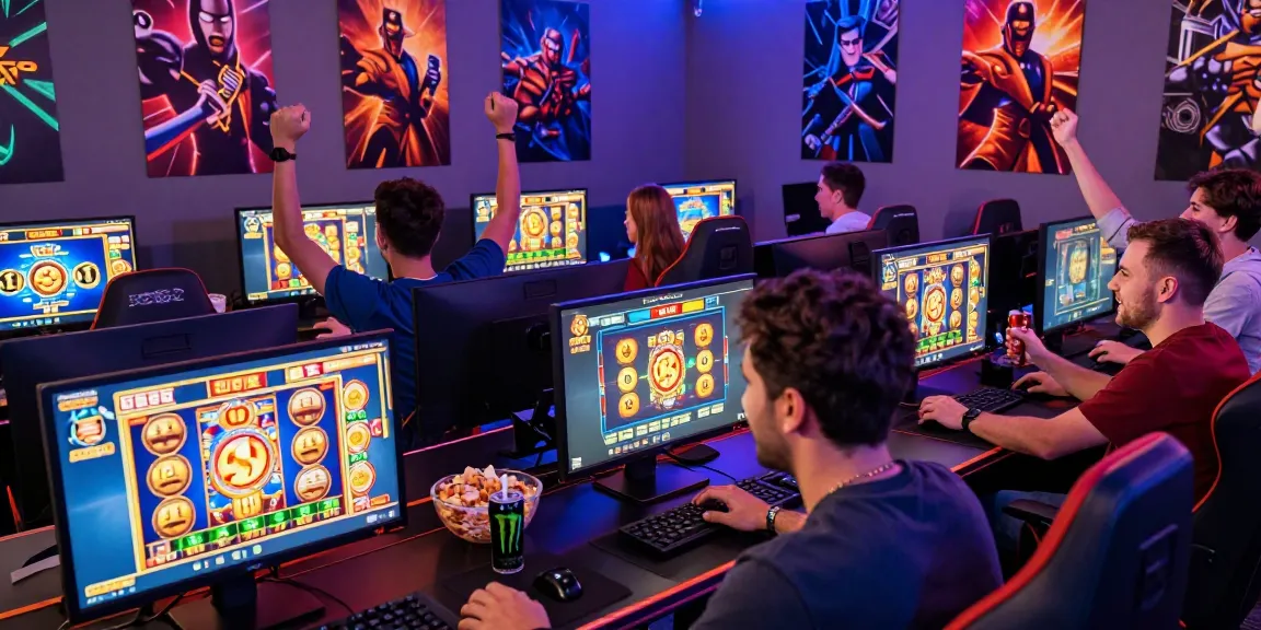 Engaged gamers celebrating wins while playing toto slot games in a vibrant gaming room.