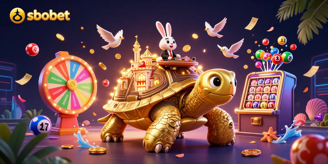 Savor sbobet gaming excitement with a vibrant lottery scene featuring golden tortoise and rabbit dealer