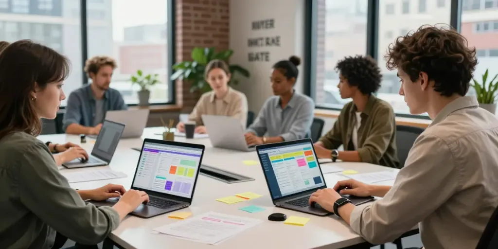 Tempat kerja modern dengan kolaborasi tim menggunakan dewitogel login alternatif di laptop.