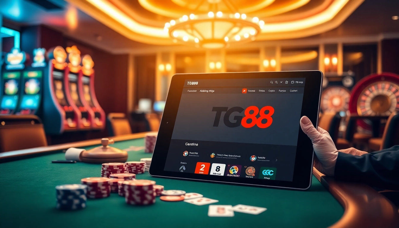 Experience seamless tg88 đăng nhập at a vibrant casino scene featuring gaming tables, cards, and high-stakes excitement.