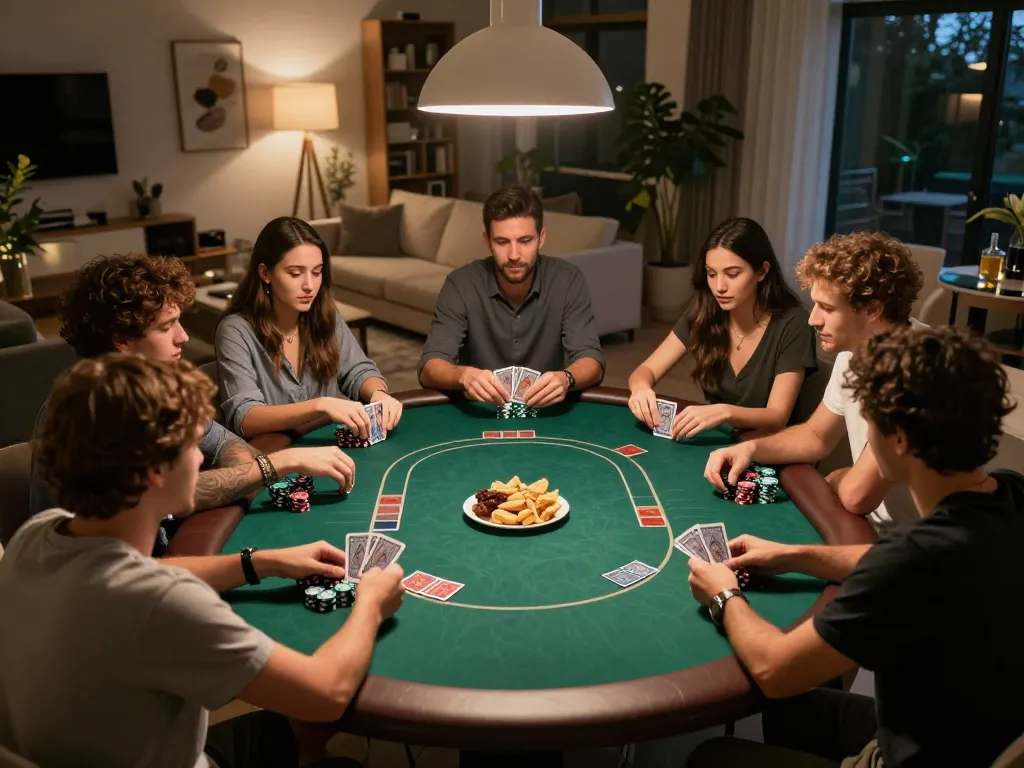Penggemar Jalatogel menikmati permainan poker dengan chip dan kartu di lingkungan yang nyaman