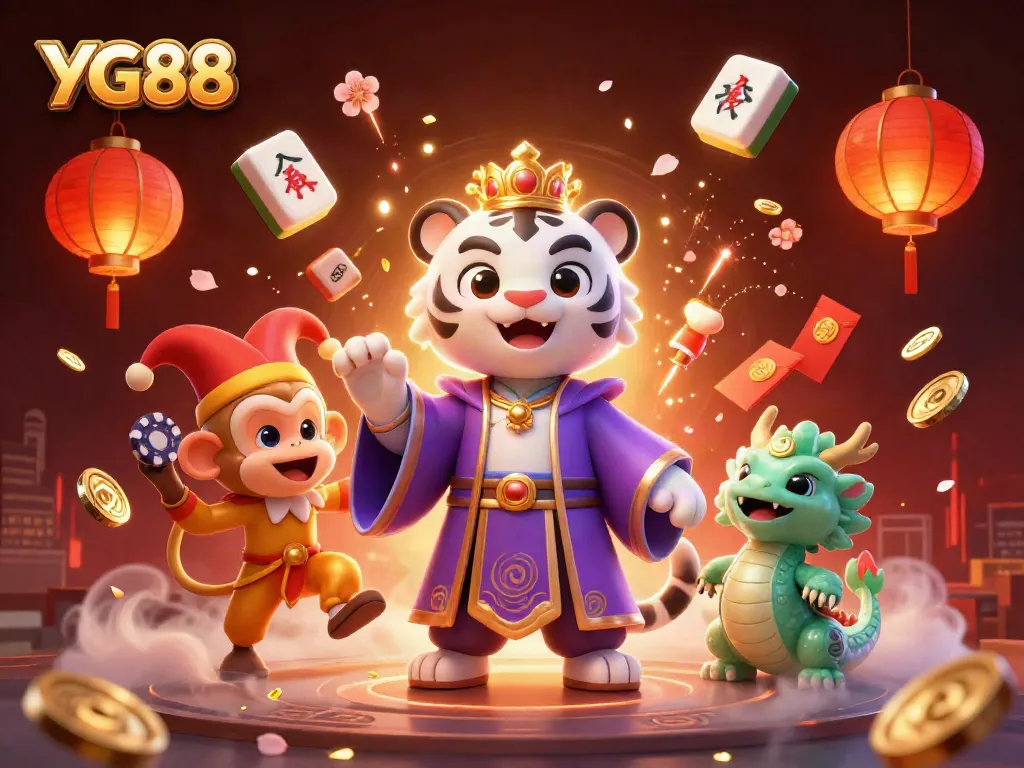Experience excitement at YG88 with a vibrant 3D scene featuring a tiger and monkey in a casino setting.