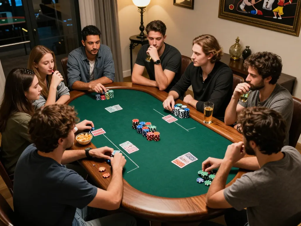 Friends engaging in a thrilling poker game at home, featuring vibrant chips and cards, bringing the cantina grill experience to life.