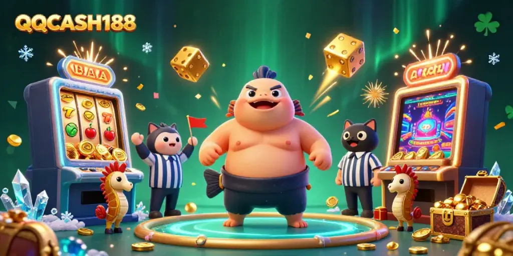 Experience the excitement of QQCASH188 with vibrant characters and casino elements in a playful underwater scene.