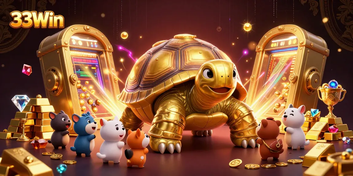 Experience excitement at 33Win with a golden tortoise pinball machine surrounded by treasures.