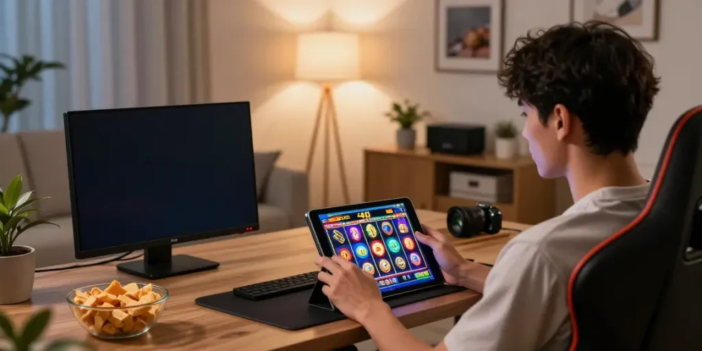User enjoying immersive slot 4d gaming on a tablet in a cozy modern living room.