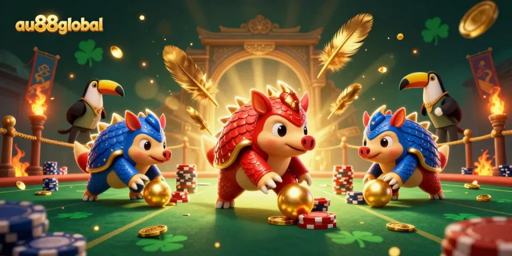 Engage with au88global as rival pangolins bowl through poker chips in a vibrant casino scene.