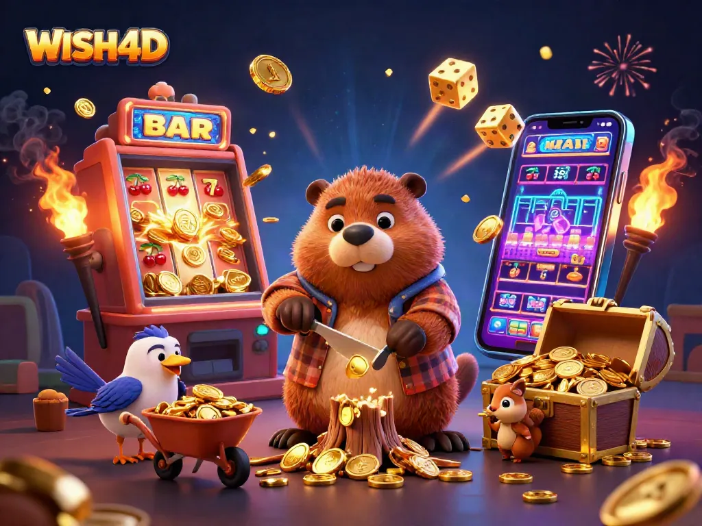 WISH4D offers vibrant cartoon characters winning with slot machines and treasure in a dynamic casino scene.
