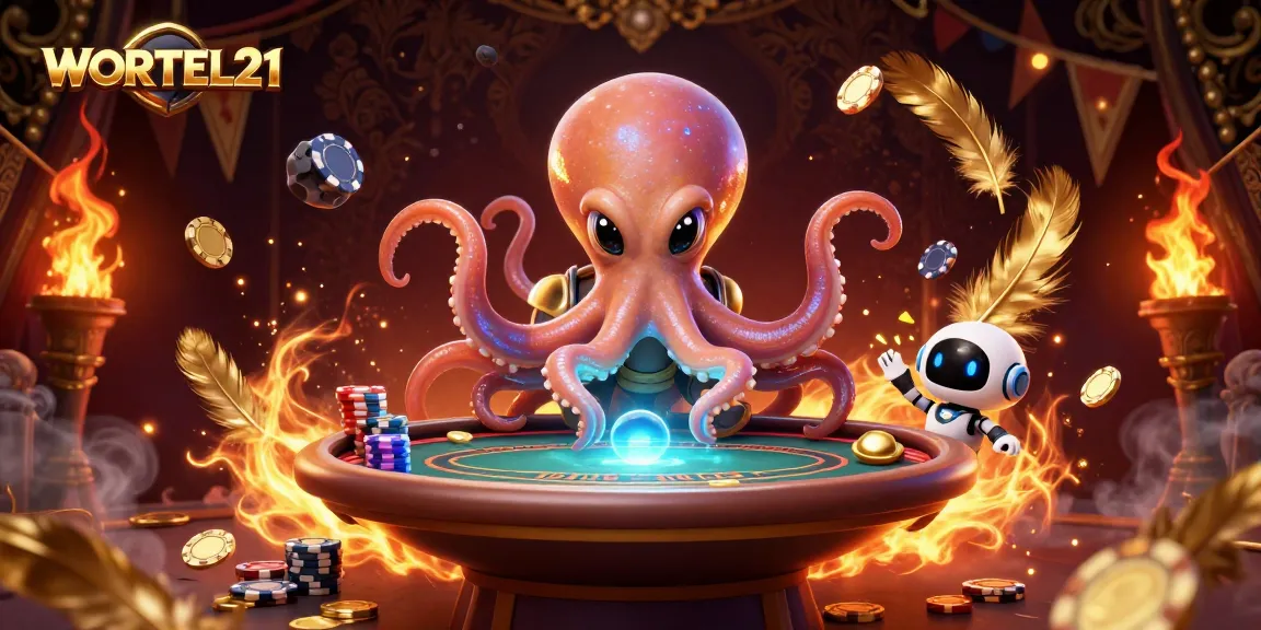 Engage in thrilling poker games at WORTEL21, featuring a vibrant alien octopus at a holographic table.