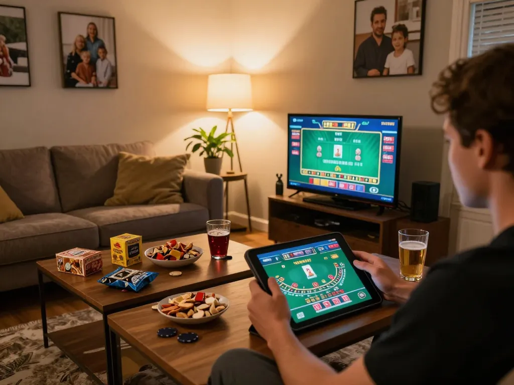 Engaging in live dealer game on 78win from a cozy home setup.