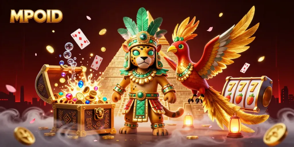 MPOID showcases thrilling online slots in a vibrant 3D casino scene with dynamic gold elements and beautiful characters.