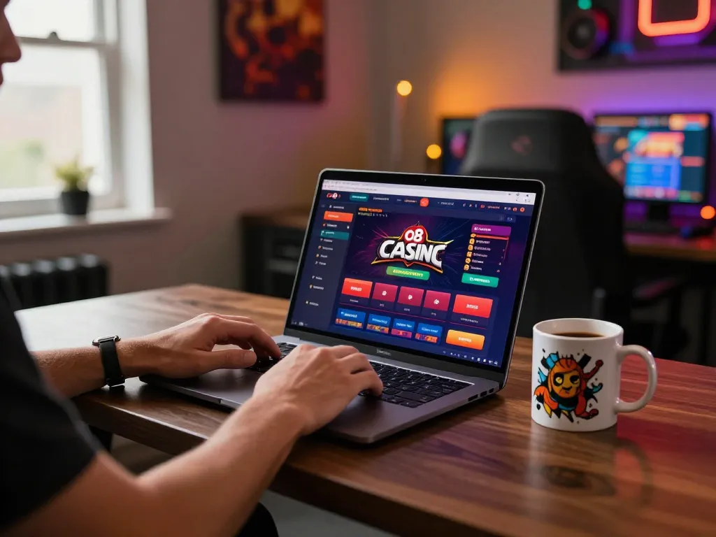 Player enjoying thrilling o8 online casino experience with laptop, cozy atmosphere, engaging gameplay