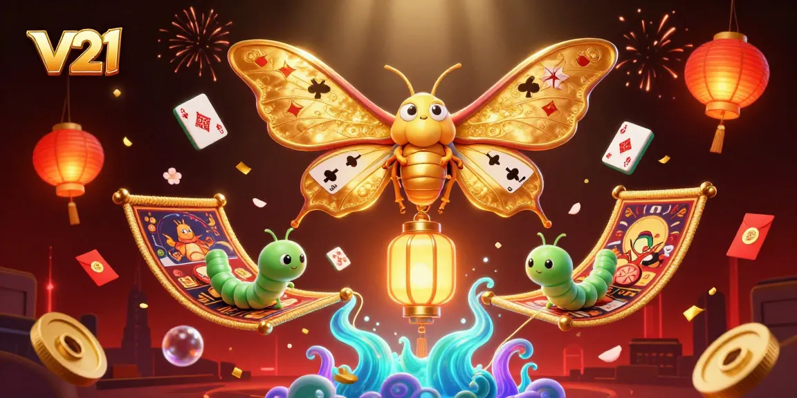 Permainan judi dengan v21 menyajikan ilustrasi atraktif berupa kupu-kupu atlas 3D dengan sayap berkilau dan elemen kasino yang menawan.