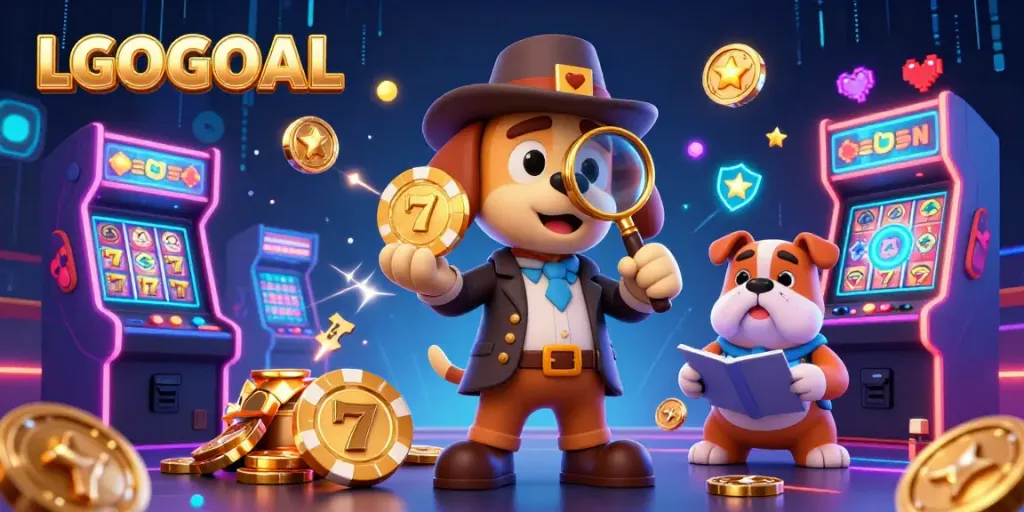 Engage with LGOGOAL's exciting gaming atmosphere featuring colorful arcade elements and detective characters.