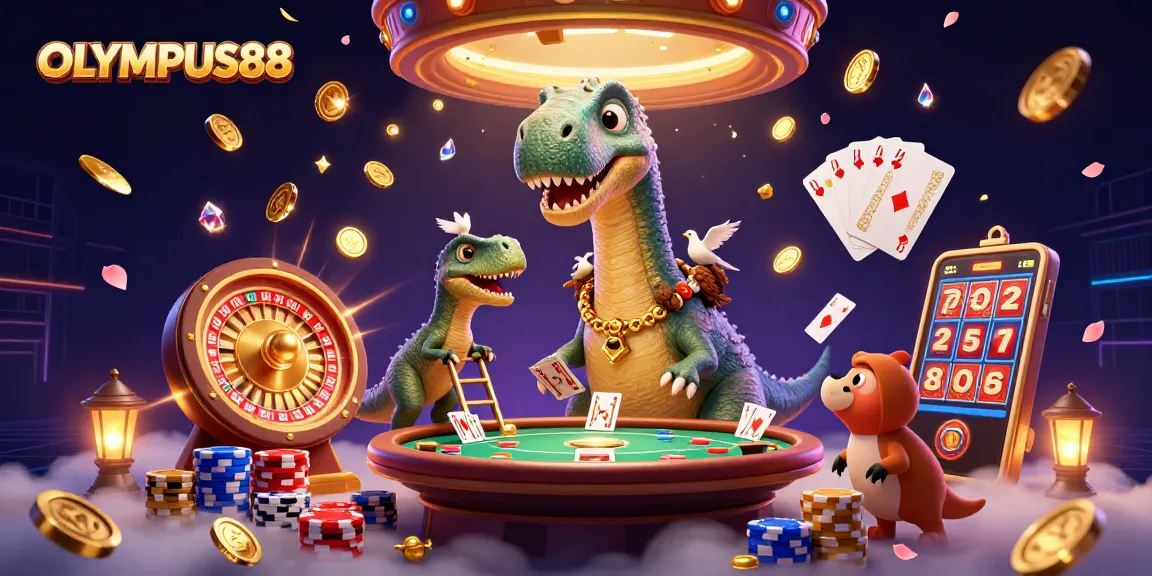 OLYMPUS88 menghadirkan pengalaman kasino yang menarik dengan ilustrasi dinosaurus dan elemen judi.