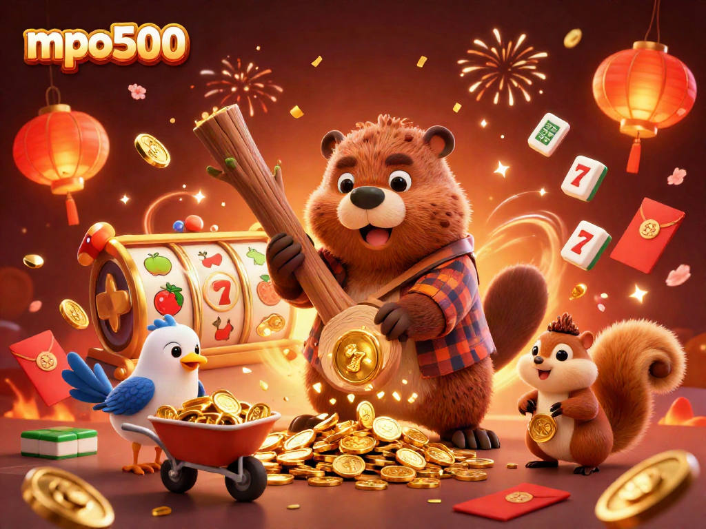 Jelajahi keseruan kasino dengan mpo500, beaver penebang kayu membawa koin emas mengalir dalam ilustrasi 3D.