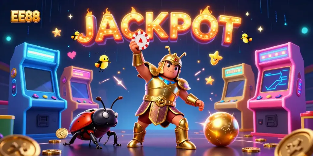 EE88 celebrates a jackpot victory with an illustrated beetle lifting a poker chip among vivid gaming elements.