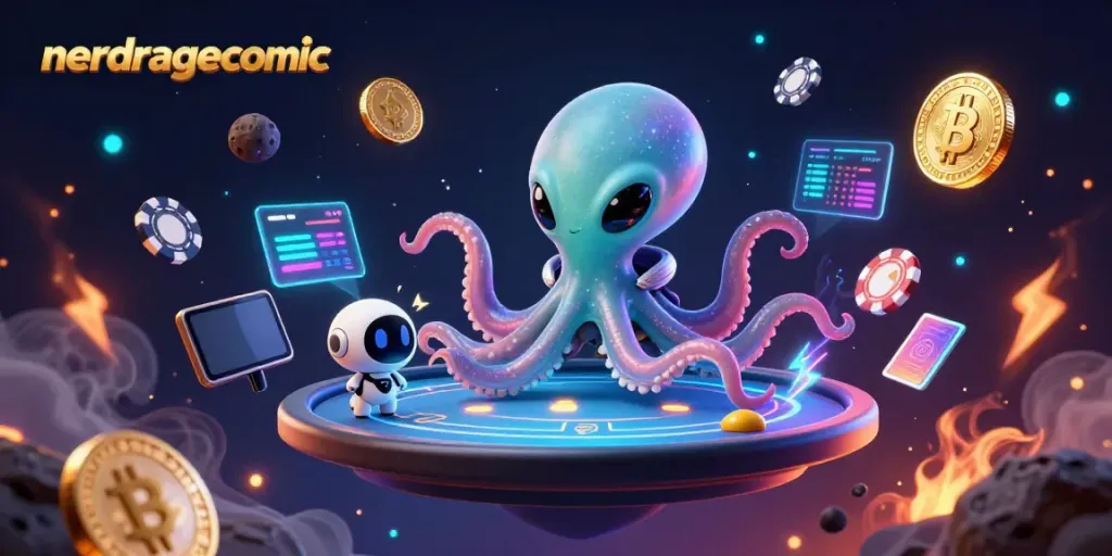 Gambarkan nerdragecomic dengan alien gurita dan robot di meja poker holografik.