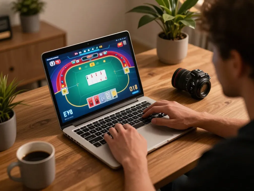 Player using NK88 for an online poker game at home, showcasing an engaging and responsible gaming environment.