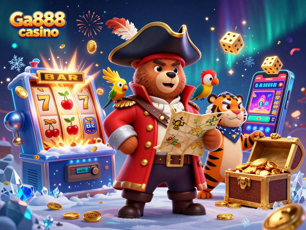Experience excitement at Ga888 casino with vibrant pirate-themed 3D illustration featuring a slot machine.