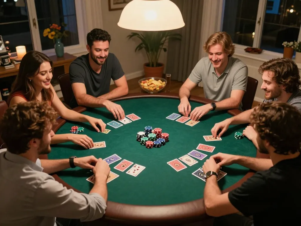 PULSASLOT players engaging in friendly poker game night with cards and chips visible