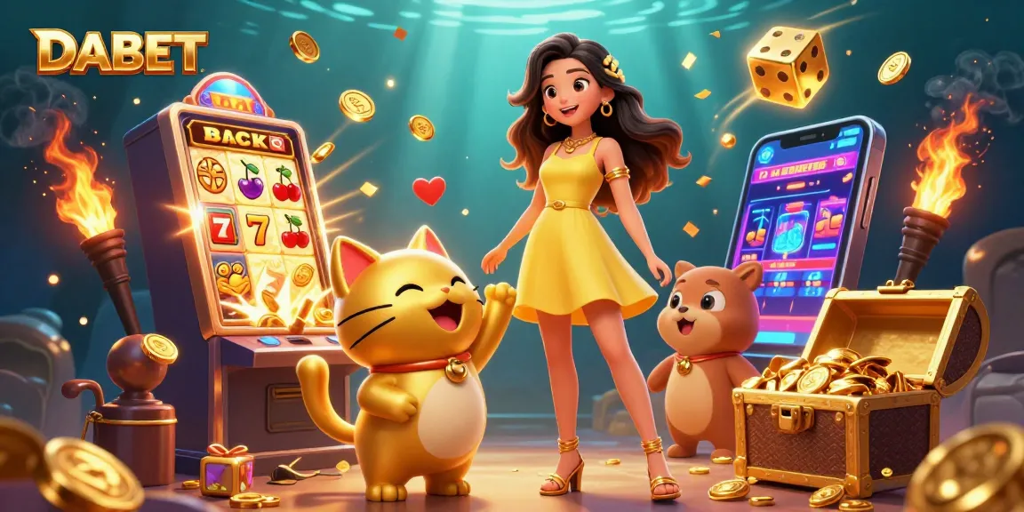 DABET casino scene featuring joyful Asian woman and lucky cat amidst exploding slot machine and vibrant gaming elements.