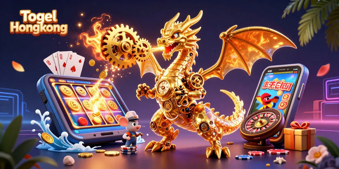 Engage in Togel Hongkong with a vibrant 3D illustration showcasing an energetic dragon and casino games.