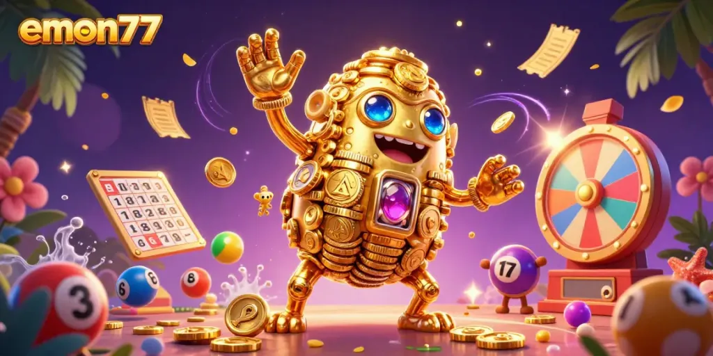 Engage with emon77's dynamic lottery scene featuring vibrant elements and a golden golem.
