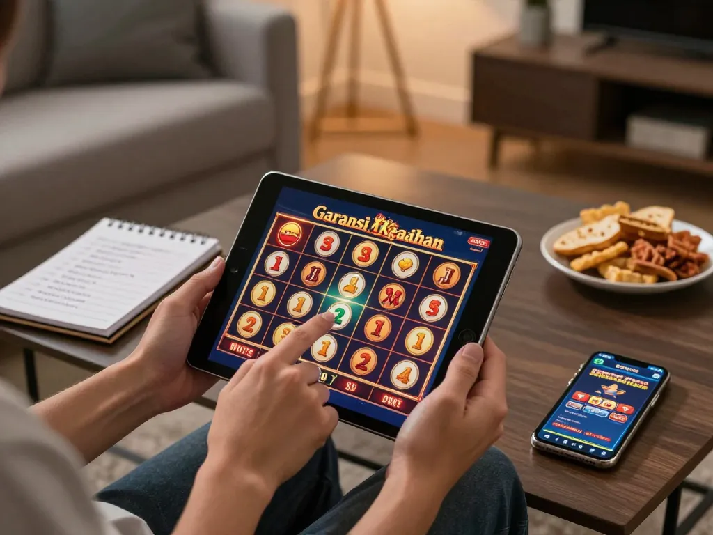 Engaging with Garansi Kekealahan feature while playing online slots in a cozy living room setup.