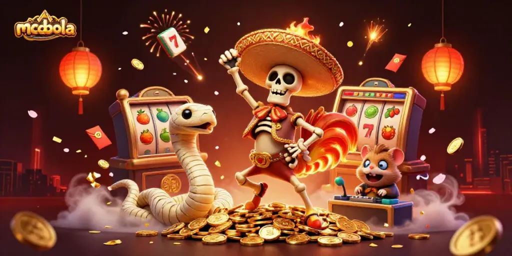 Raih kemenangan dengan mcdbola, ilustrasi kasino online penuh warna dan elemen ceria.