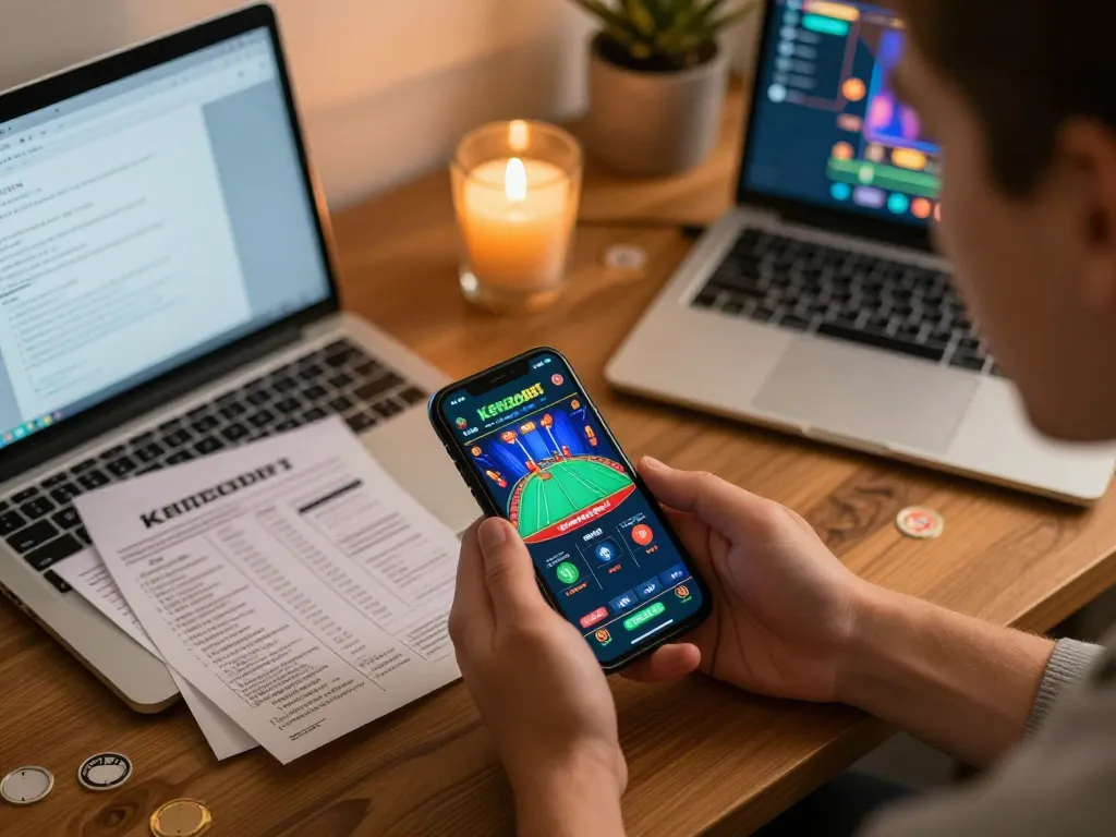 Kenzobet player enjoying live casino games on their smartphone in a cozy home setting