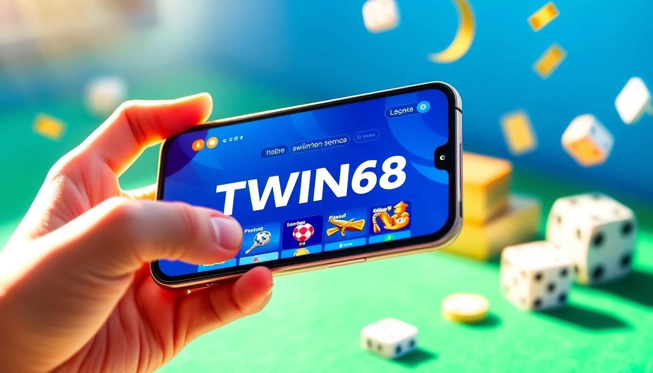 tải app twin68 displayed on a smartphone with vibrant gaming icons and user-friendly interface