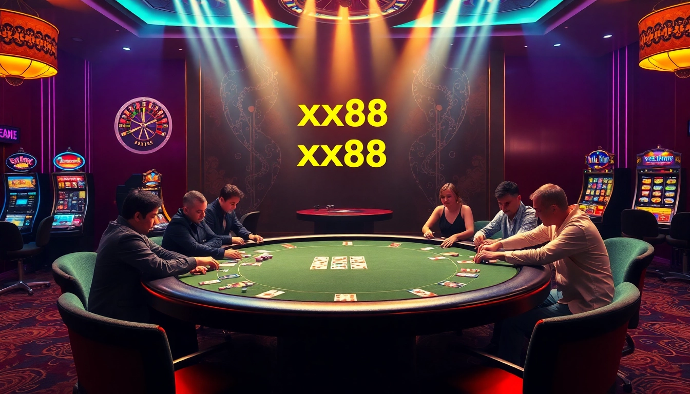 Exciting poker game at https://xx88tv.com/ with vibrant chips and cards.
