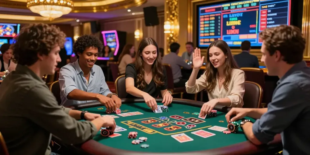 Excited players enjoying 2up casino games at a lively gaming table in a vibrant casino atmosphere.
