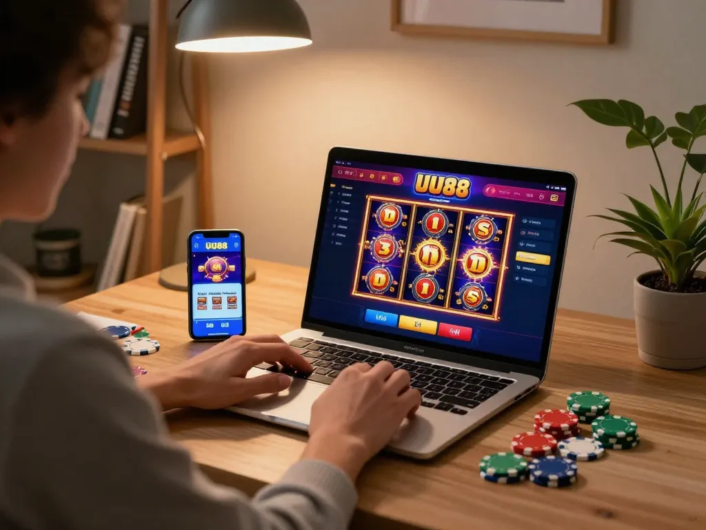 UU88 online gaming setup showcasing vibrant slot graphics and poker chips in a cozy home environment