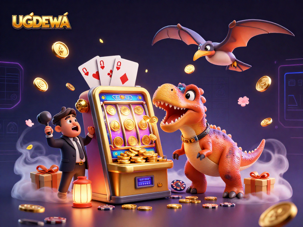 Experience the excitement of UGDEWA with a playful pachycephalosaurus hitting a slot machine!