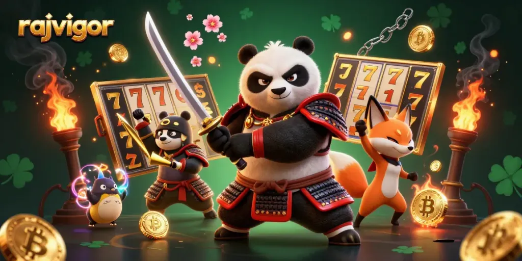 Experience winning with rajavigor as a samurai panda defends a lively slot game scene.