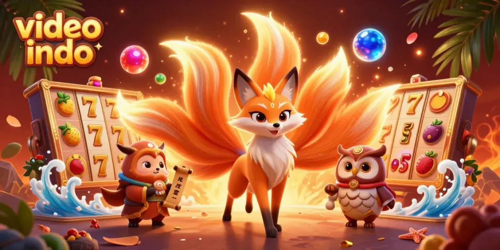 Engage with exciting slot reels and vibrant characters in this video indo illustration.