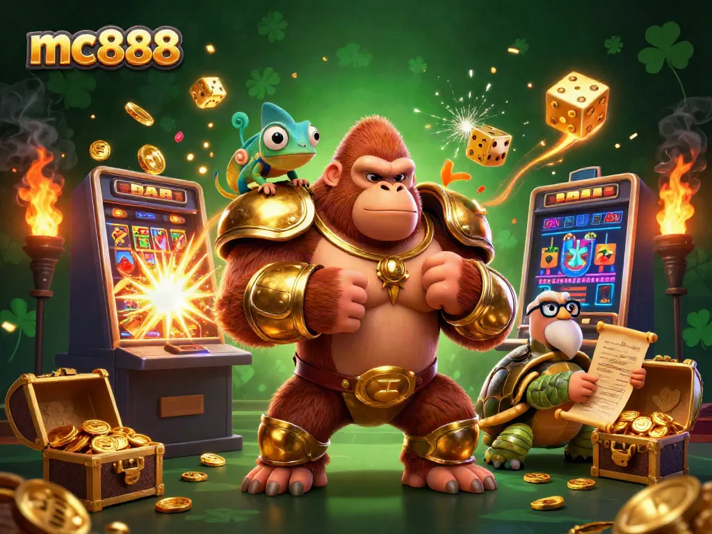 Gorila kuat dan teman reptilnya merayakan kemenangan di mesin slot mc888 yang meledak dengan koin.