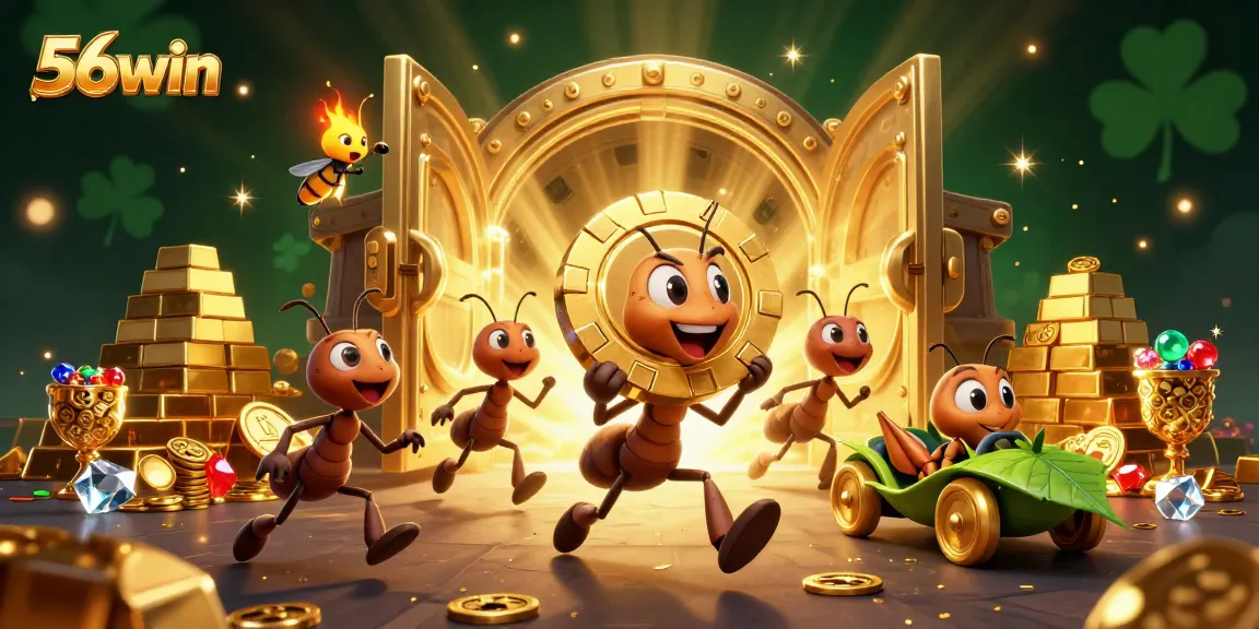 Engage with 56win's thrilling heist scene showcasing cartoon ants in a casino adventure with golden treasures.