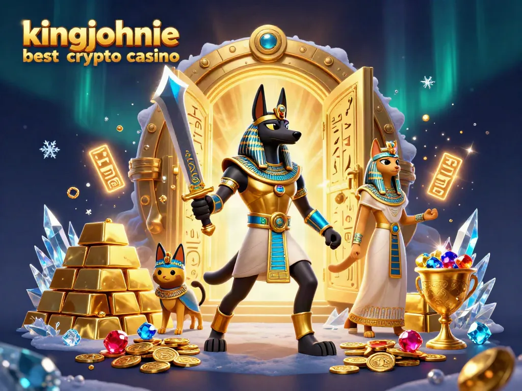 Experience the kingjohnnie best crypto casino with Anubis and Bastet surrounded by treasures and crypto elements.
