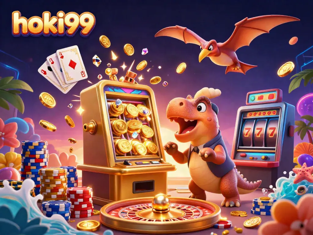 Gambaran hoki99 slot dengan dinosauruses dan jackpot emas, menarik perhatian pemain.