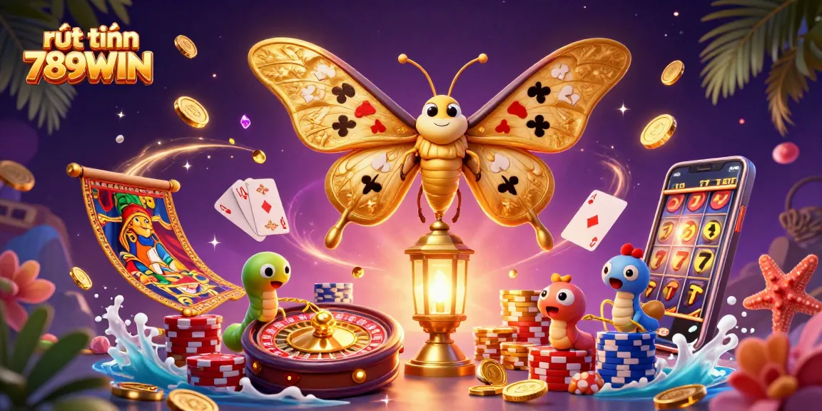 Experience the thrill of rút tiền 789WIN with a dazzling 3D casino scene featuring royal flush cards and golden coins.