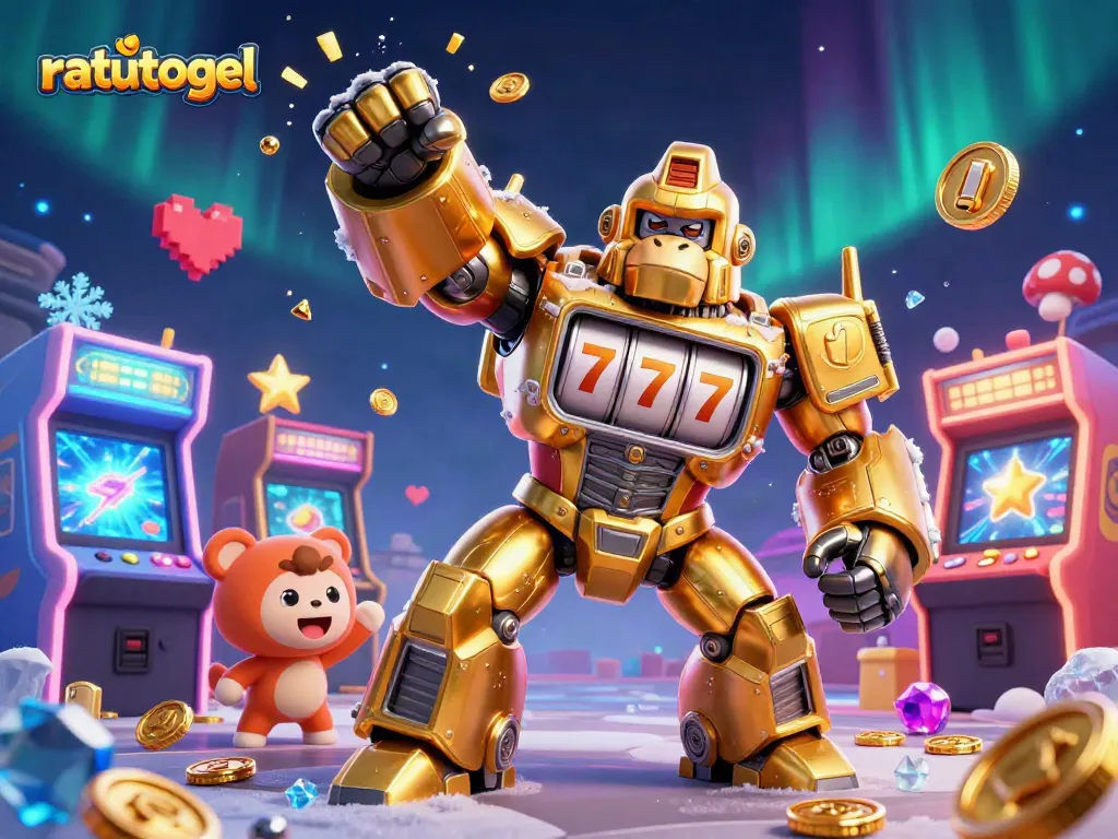 Engaging scene with ratutogel golden gorilla mech celebrating big wins in a vibrant casino atmosphere.