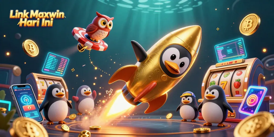Engaging illustration showcasing Link Maxwin Hari Ini, highlighting slot reels and a golden penguin among crypto elements.