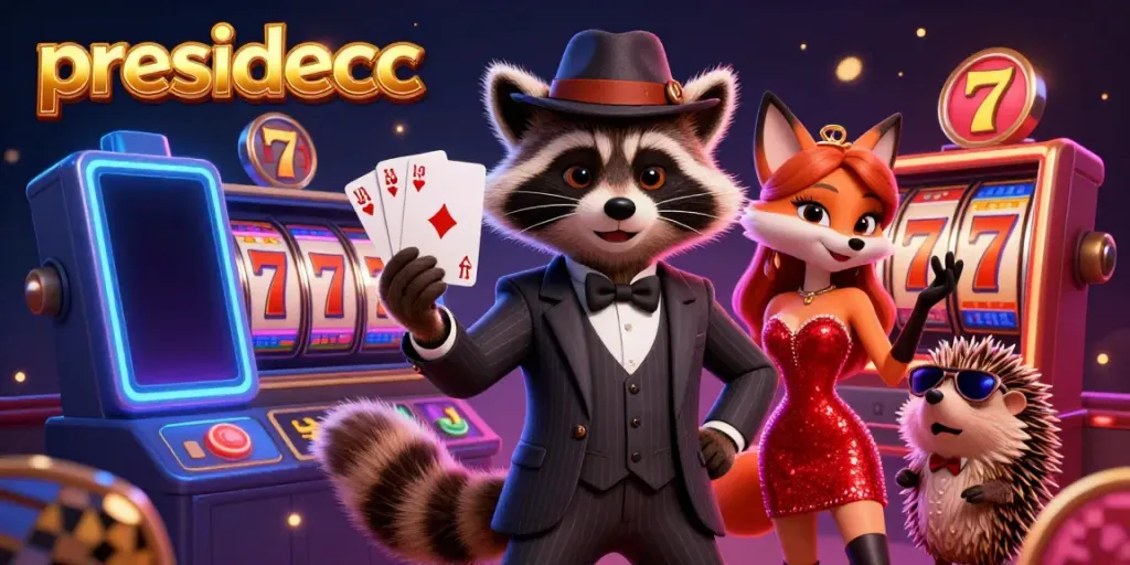 Experience the excitement of presidencc with a raccoon holding a royal flush among bright gaming elements.