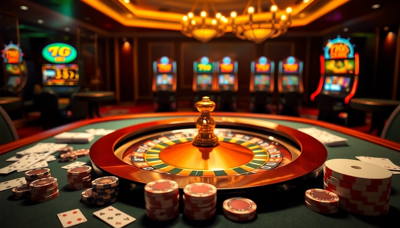 Experience the excitement of TG88 at an upscale casino table with vibrant slot machines.